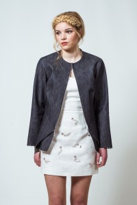 Raw edged demin jacket with swan embellished skirt by Catriona MacAllister